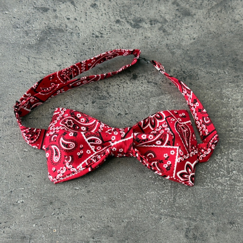 Mens Red Bandana Paisley Bow Tie Adjustable Pre-Tied Western Style Handmade